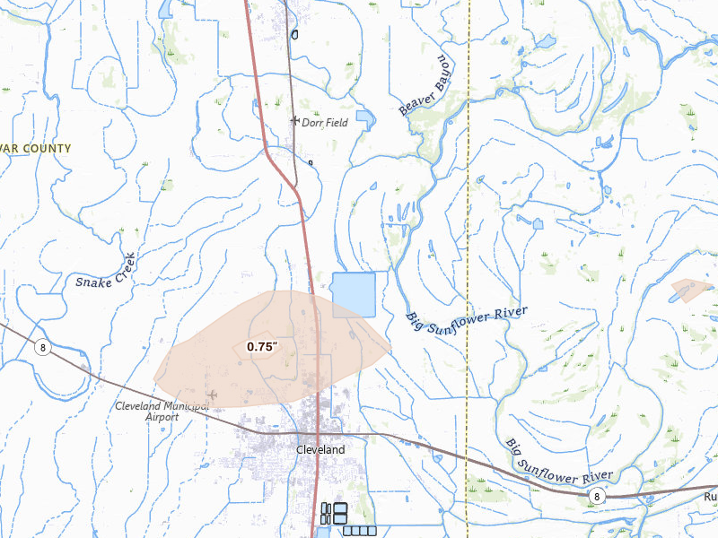 Radar-estimated hail-size map of the storm over Cleveland, MS on Aug 22, 2026