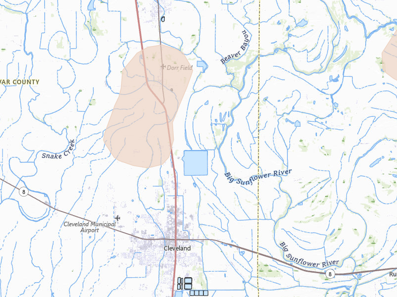 Radar-estimated hail-size map of the storm over Cleveland, MS on Aug 26, 2026