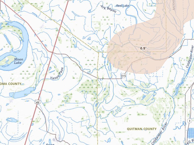 Radar-estimated hail-size map of the storm over Coahoma, MS on Aug 20, 2026