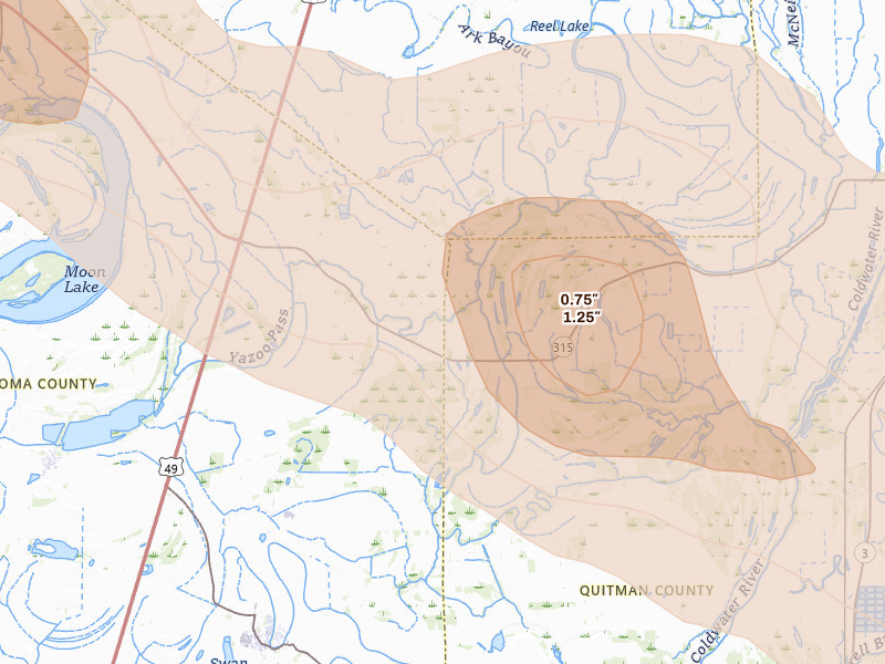 Radar-estimated hail-size map of the storm over Coahoma, MS on Aug 22, 2026