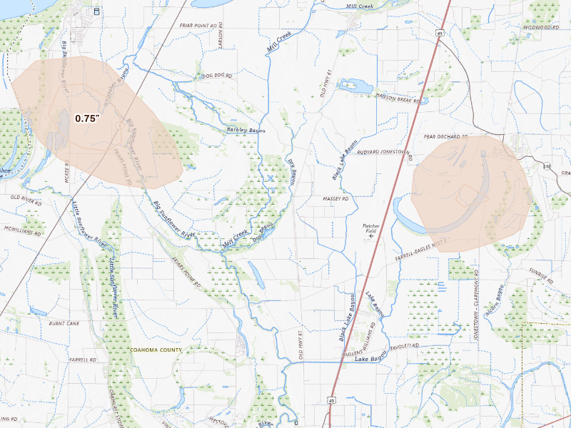 Radar-estimated hail-size map of the storm over Coahoma, MS on Sep 12, 2026