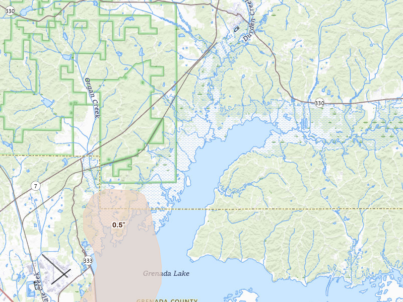 Radar-estimated hail-size map of the storm over Coffeeville, MS on Mar 31, 2026