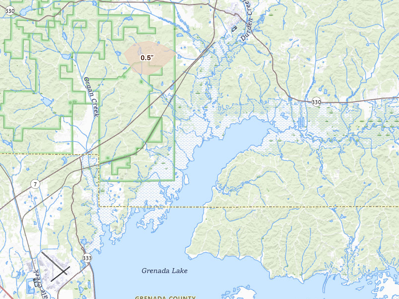 Radar-estimated hail-size map of the storm over Coffeeville, MS on Apr 27, 2026