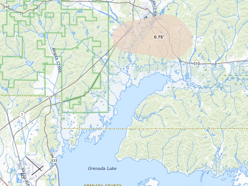 Radar-estimated hail-size map of the storm over Coffeeville, MS on Jun 19, 2026
