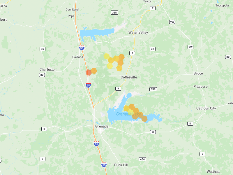 Hail map of Coffeeville, MS on Jul 1, 2026, hail up to 1.5"
