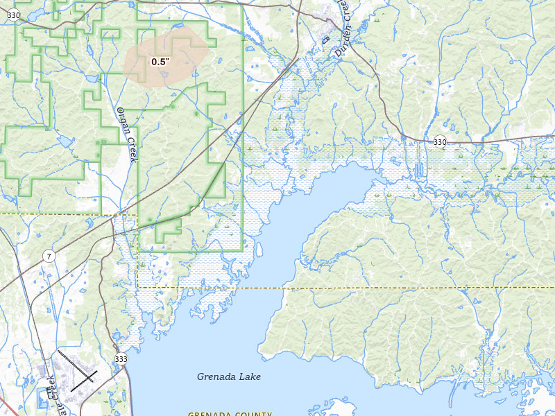 Radar-estimated hail-size map of the storm over Coffeeville, MS on Jul 2, 2026