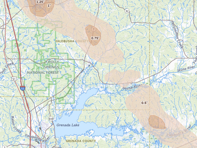 Radar-estimated hail-size map of the storm over Coffeeville, MS on Aug 22, 2026