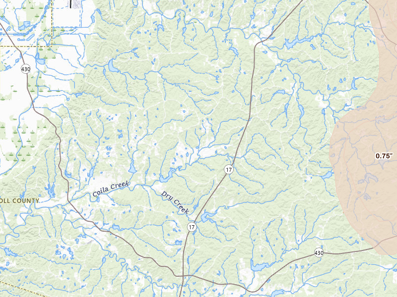 Radar-estimated hail-size map of the storm over Coila, MS on Jun 1, 2026