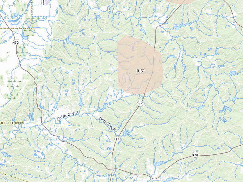 Radar-estimated hail-size map of the storm over Coila, MS on Jun 19, 2026