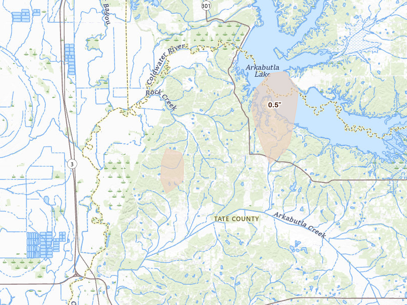 Radar-estimated hail-size map of the storm over Coldwater, MS on Mar 15, 2026