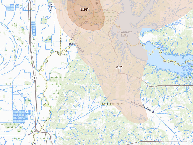 Radar-estimated hail-size map of the storm over Coldwater, MS on Jun 1, 2026