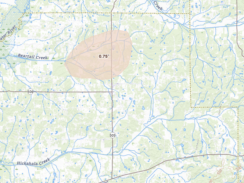 Radar-estimated hail-size map of the storm over Coldwater, MS on Aug 8, 2026