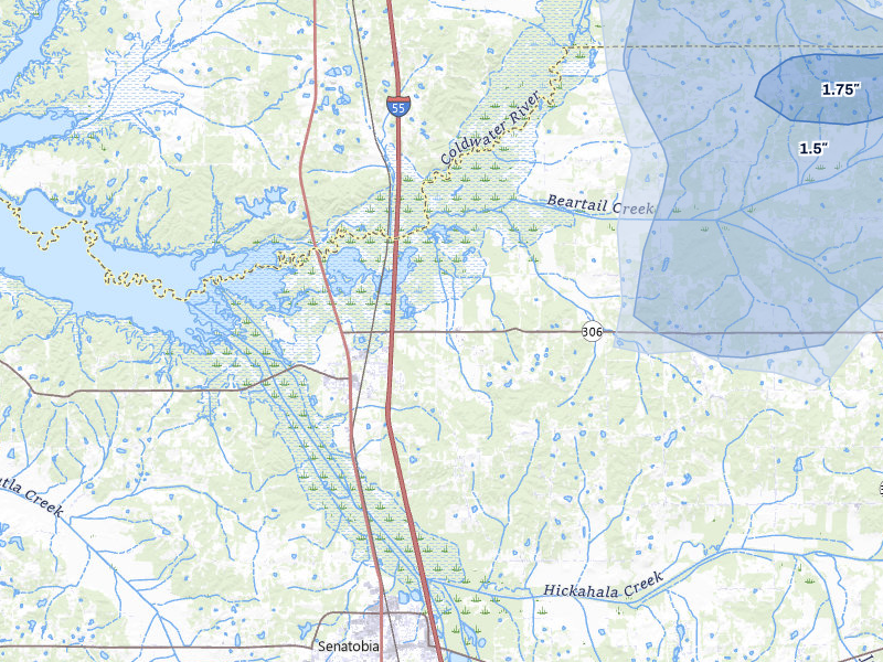 NEXRAD radar-signature map of the hail storm over Coldwater, MS on Aug 8, 2026