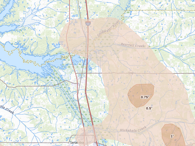 Radar-estimated hail-size map of the storm over Coldwater, MS on Aug 20, 2026