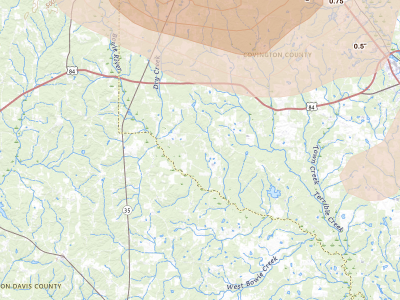 Radar-estimated hail-size map of the storm over Collins, MS on Apr 29, 2026