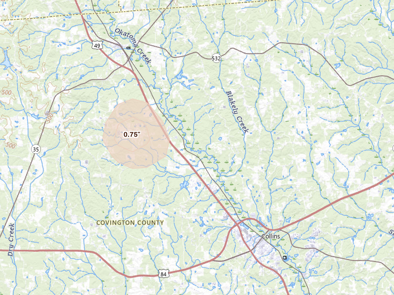 Radar-estimated hail-size map of the storm over Collins, MS on Aug 18, 2026