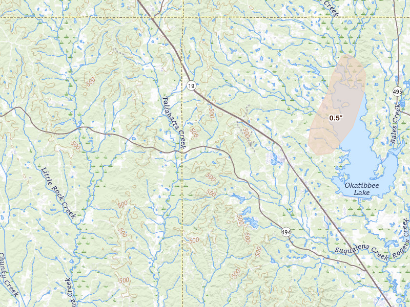Radar-estimated hail-size map of the storm over Collinsville, MS on Apr 1, 2026