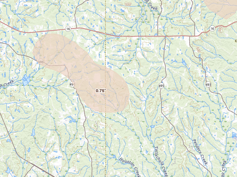 Radar-estimated hail-size map of the storm over Collinsville, MS on Aug 26, 2026