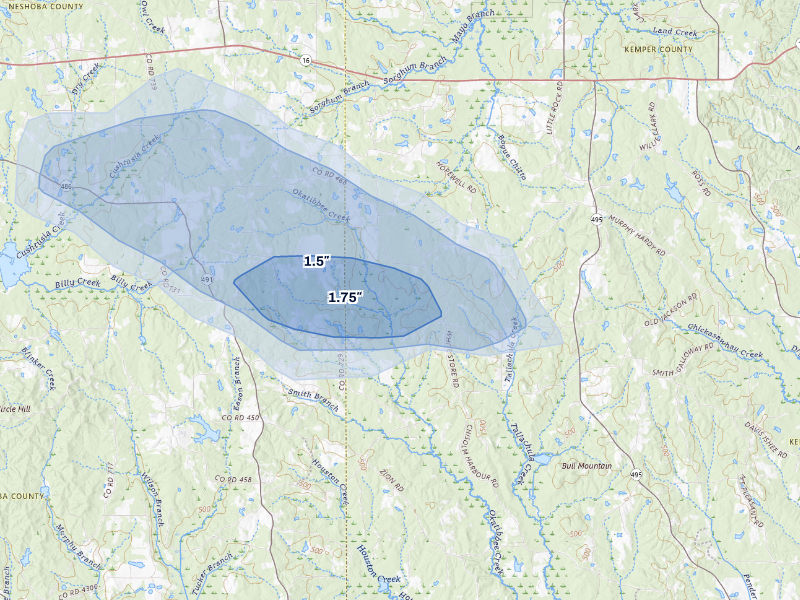 NEXRAD radar-signature map of the hail storm over Collinsville, MS on Aug 26, 2026