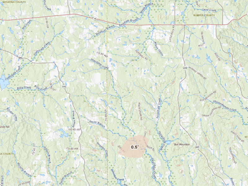 Radar-estimated hail-size map of the storm over Collinsville, MS on Sep 13, 2026