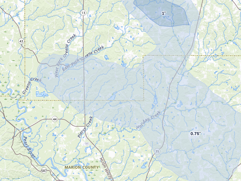 NEXRAD radar-signature map of the hail over Columbia, MS
