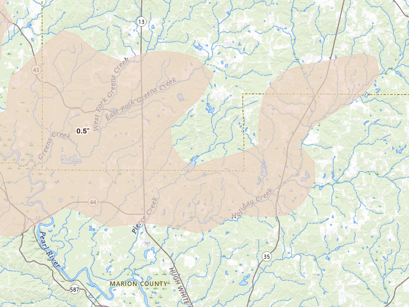 Radar-estimated hail-size map of the storm over Columbia, MS on May 6, 2026