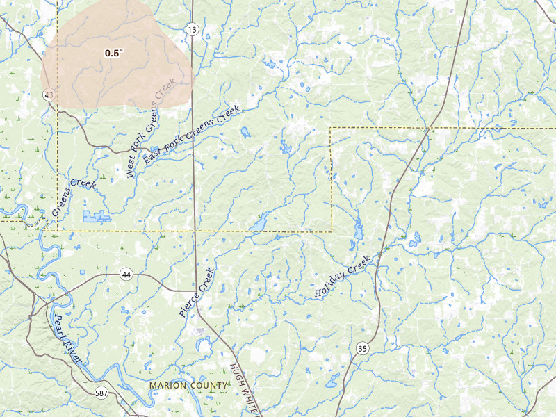 Radar-estimated hail-size map of the storm over Columbia, MS on Jun 19, 2026
