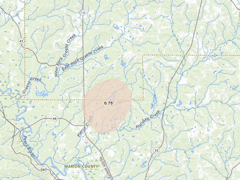 Radar-estimated hail-size map of the storm over Columbia, MS on Jul 4, 2026