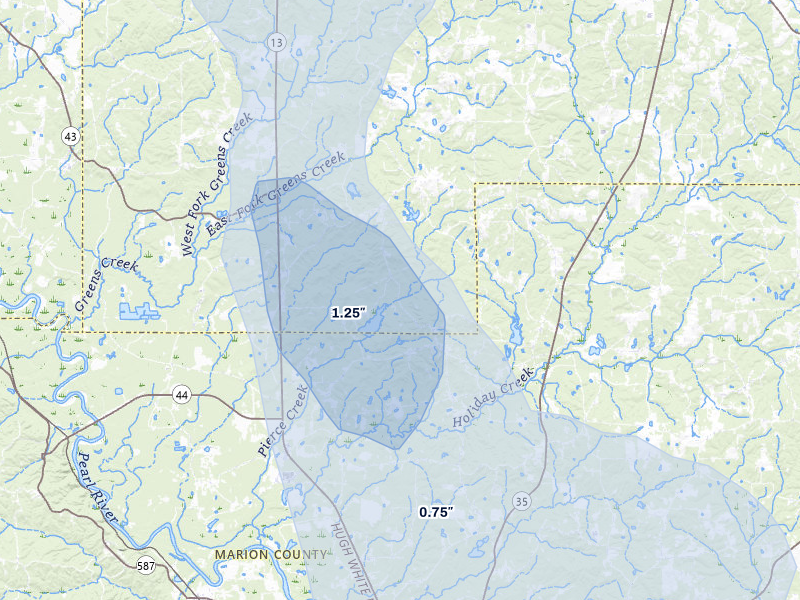 NEXRAD radar-signature map of the hail over Columbia, MS