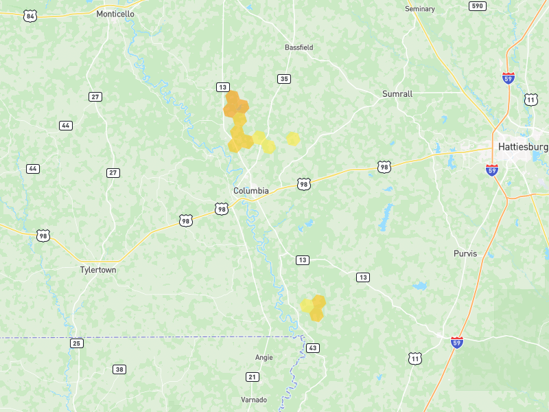 Hail map of Columbia, MS on Jul 4, 2026, hail up to 1.25"