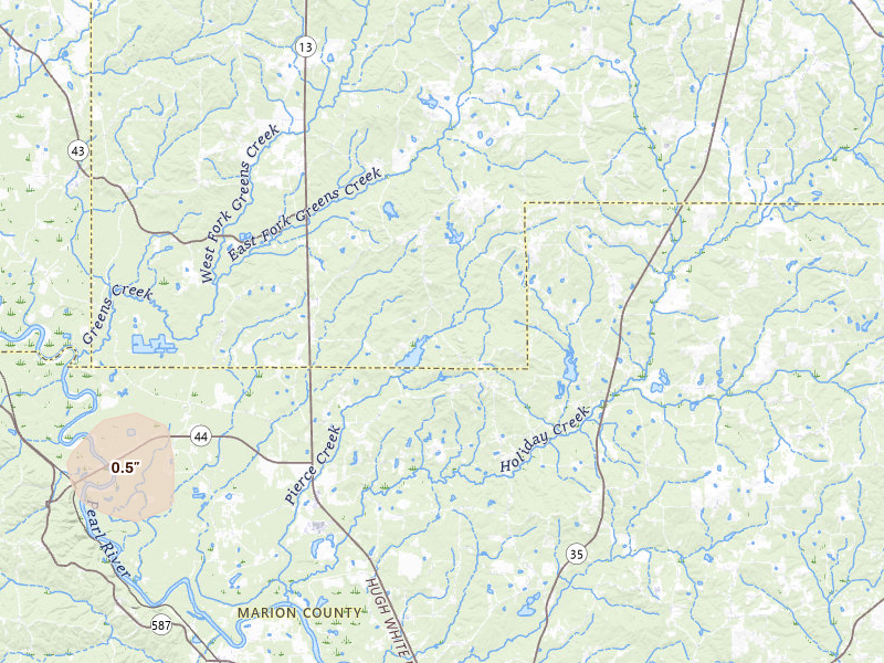 Radar-estimated hail-size map of the storm over Columbia, MS on Jul 5, 2026
