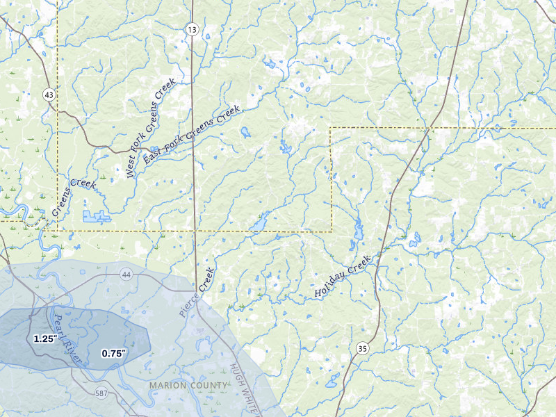 NEXRAD radar-signature map of the hail storm over Columbia, MS on Jul 5, 2026