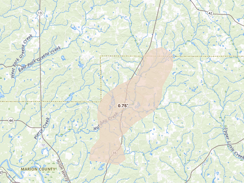 Radar-estimated hail-size map of the storm over Columbia, MS on Aug 6, 2026
