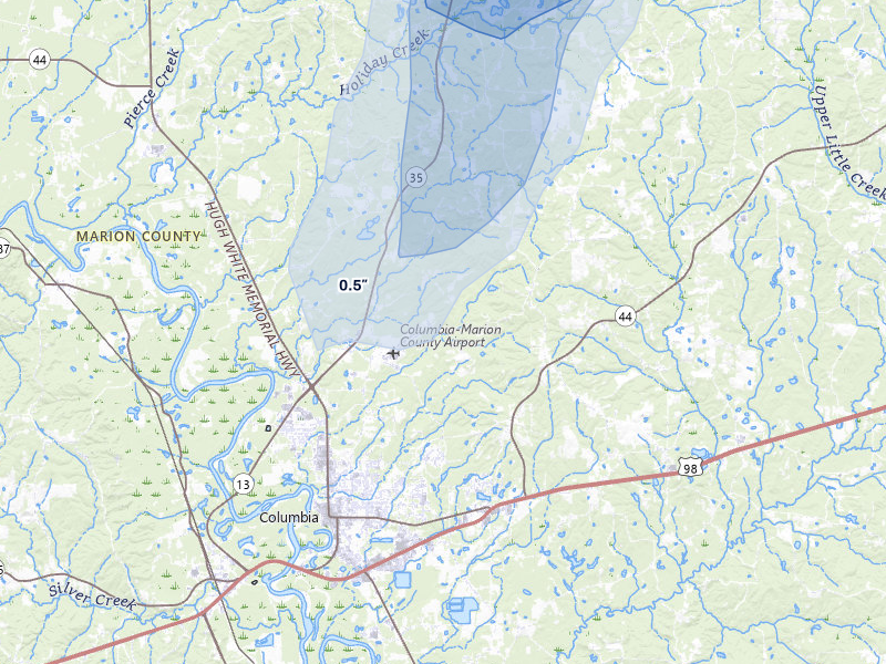 NEXRAD radar-signature map of the hail storm over Columbia, MS on Aug 6, 2026