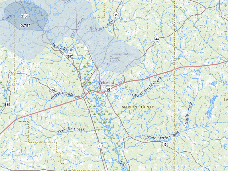 NEXRAD radar-signature map of the hail storm over Columbia, MS on Aug 20, 2026