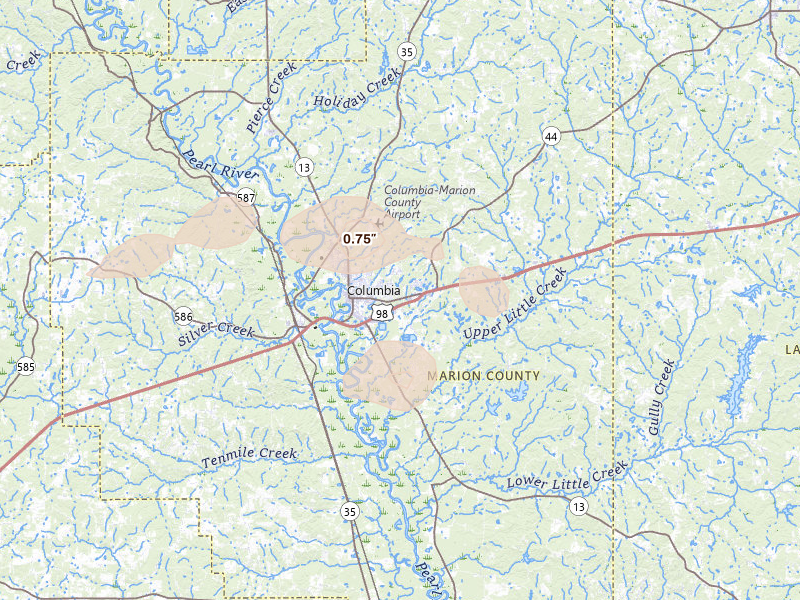 Radar-estimated hail-size map of the storm over Columbia, MS on Sep 3, 2026