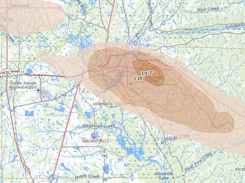 Radar-estimated hail-size map of the storm over Columbus, MS