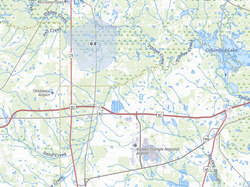 NEXRAD radar-signature map of the hail over Columbus, MS