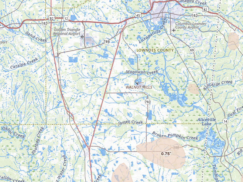 Radar-estimated hail-size map of the storm over Columbus, MS on Jun 1, 2026