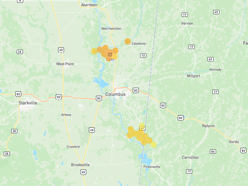 Hail map of Columbus, MS on Jun 1, 2026, hail up to 1.25"