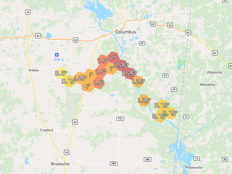 Hail map of Columbus, MS on Jul 1, 2026, hail up to 2.25"