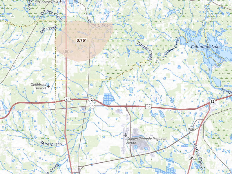 Radar-estimated hail-size map of the storm over Columbus, MS on Jul 9, 2026