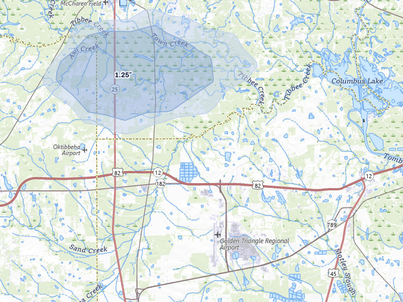 NEXRAD radar-signature map of the hail storm over Columbus, MS on Jul 9, 2026