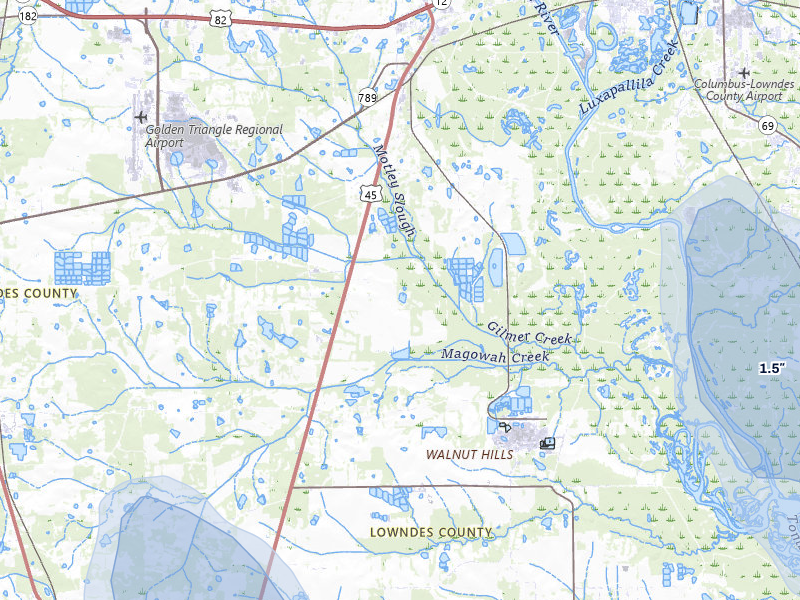 NEXRAD radar-signature map of the hail storm over Columbus, MS on Aug 19, 2026
