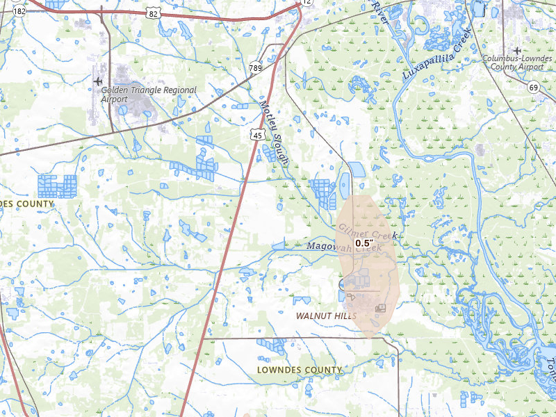 Radar-estimated hail-size map of the storm over Columbus, MS on Aug 26, 2026