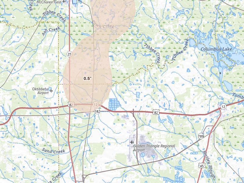 Radar-estimated hail-size map of the storm over Columbus, MS