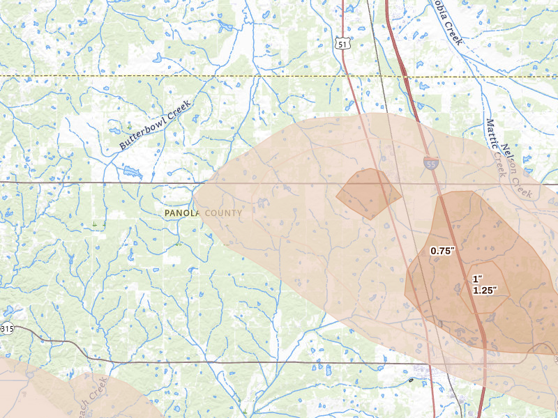 Radar-estimated hail-size map of the storm over Como, MS on Feb 26, 2026