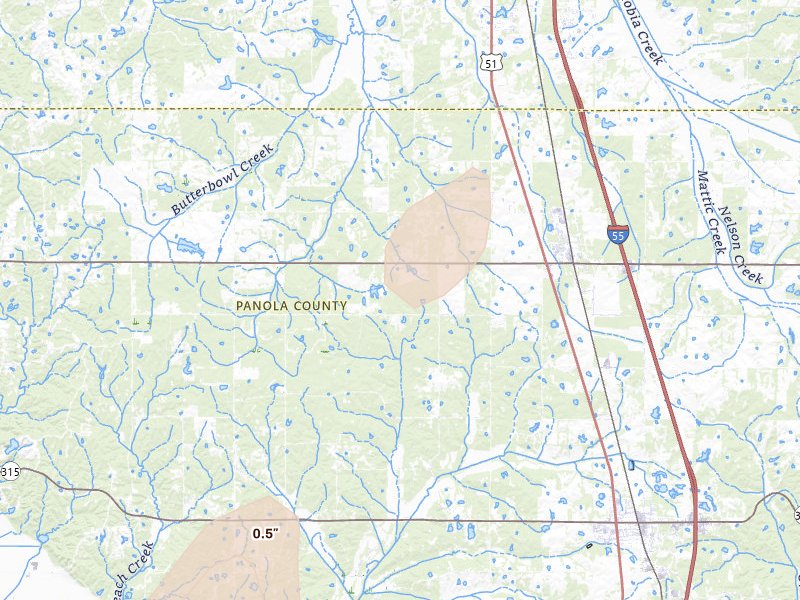 Radar-estimated hail-size map of the storm over Como, MS on Mar 6, 2026