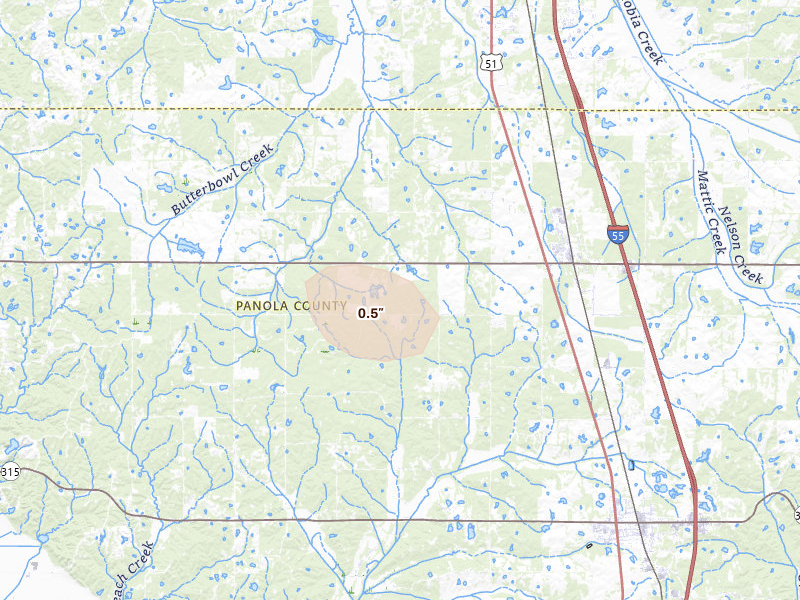 Radar-estimated hail-size map of the storm over Como, MS on Jul 31, 2026