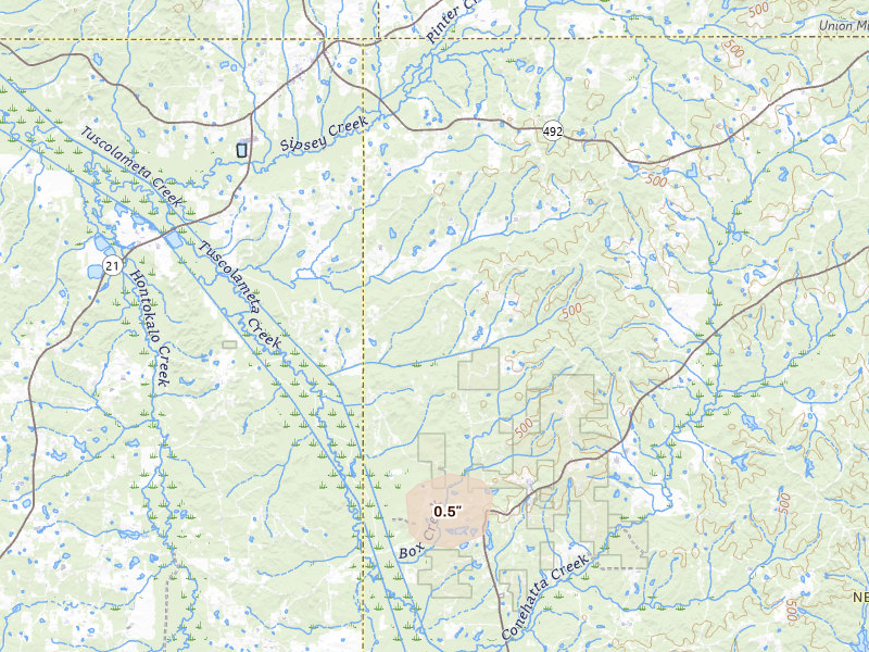 Radar-estimated hail-size map of the storm over Conehatta, MS on Jun 2, 2026